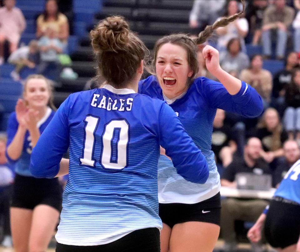 Summertown's Gracie Kelly (13) and Summertown's Abbie Jo Shaffer (10) Cleveland winning the second game against Loretto during the Class A  Girls' Volleyball Championship game, on Friday, Oct. 21, 2022, at Siegel in Murfreesboro, Tenn. 