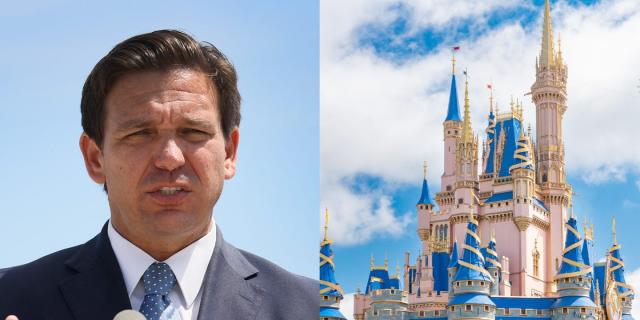 A headshot of Florida Gov. Ron DeSantis next to a picture of the Cinderella Castle in Disney World.