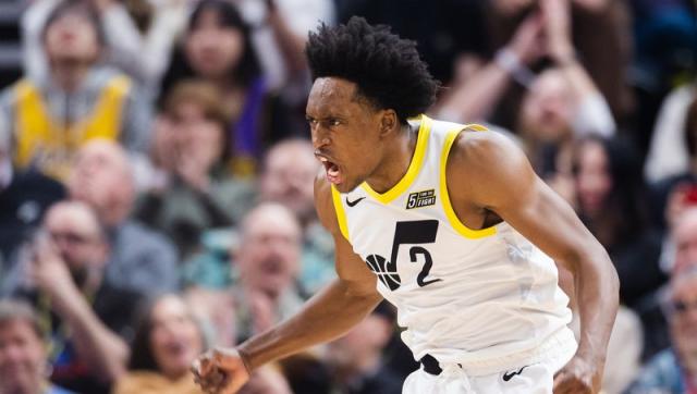 Utah Jazz guard Collin Sexton reacts during game against the Los Angeles Lakers at Vivint Arena in Salt Lake City on April 4, 2023.