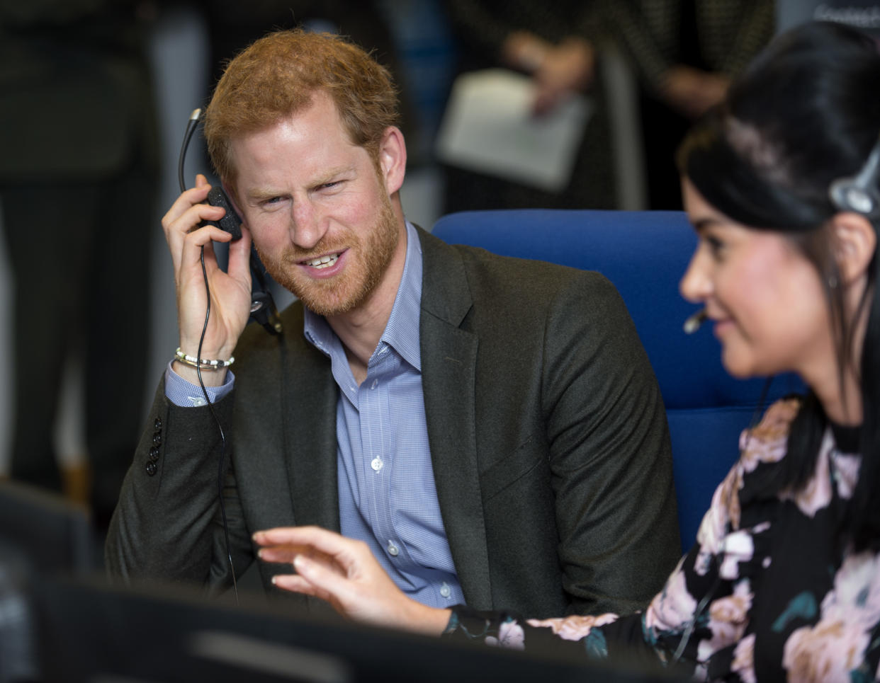 NORCROSS, ENGLAND - OCTOBER 23:  Prince Harry answers calls from veterans in the call centre during his visit to Veterans UK to mark the 25th anniversary of the Veterans UK Helpline Service on October 23, 2017 in Norcross, England.  (Photo by Andy Stenning - WPA Pool/Getty Images)