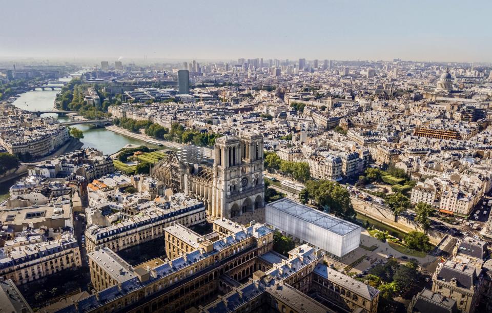 An aerial view above the Notre-Dame and Gensler's new design.
