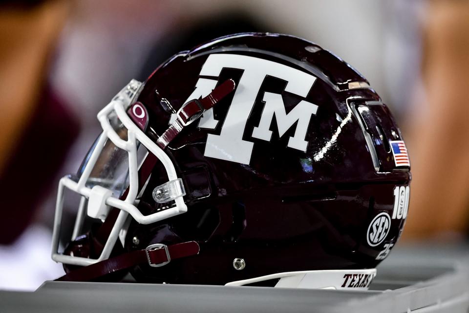 Sep 4, 2021; College Station, Texas, USA; Texas A&M Aggies helmet on the sideline of the game against the Kent State Golden Flashes at Kyle Field. Mandatory Credit: Maria Lysaker-USA TODAY Sports