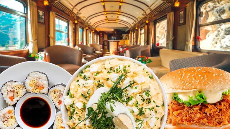 sushi, egg salad and a burger in train carriage composite image