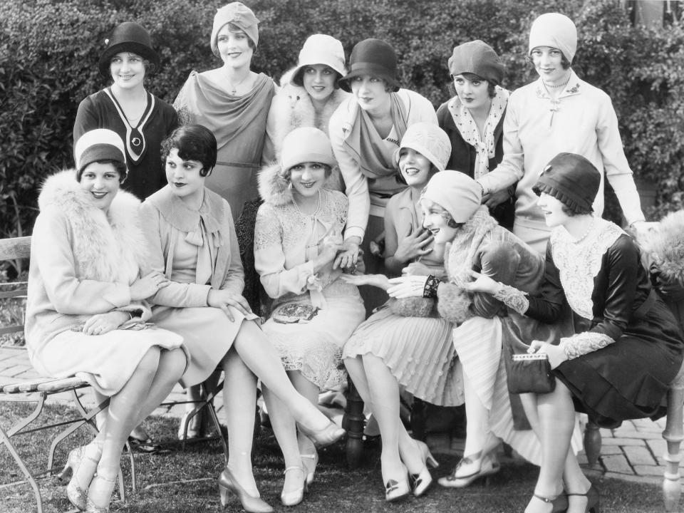 Mary Pickford (front center) and other Warner Brothers' actresses at her tea party in 1928.