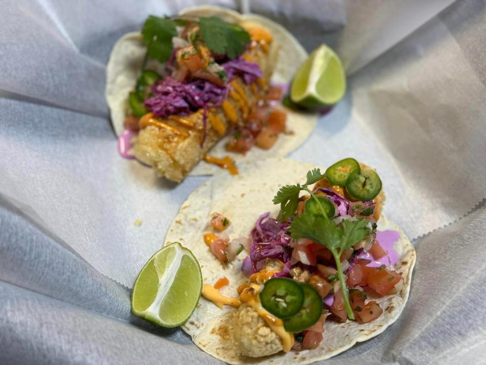 Crisp fried cod tacos with slaw, mango salsa, chipotle mayo, jalapeno peppers and fresh lime are on the current lunch menu at the Lamasco Bar & Grill.