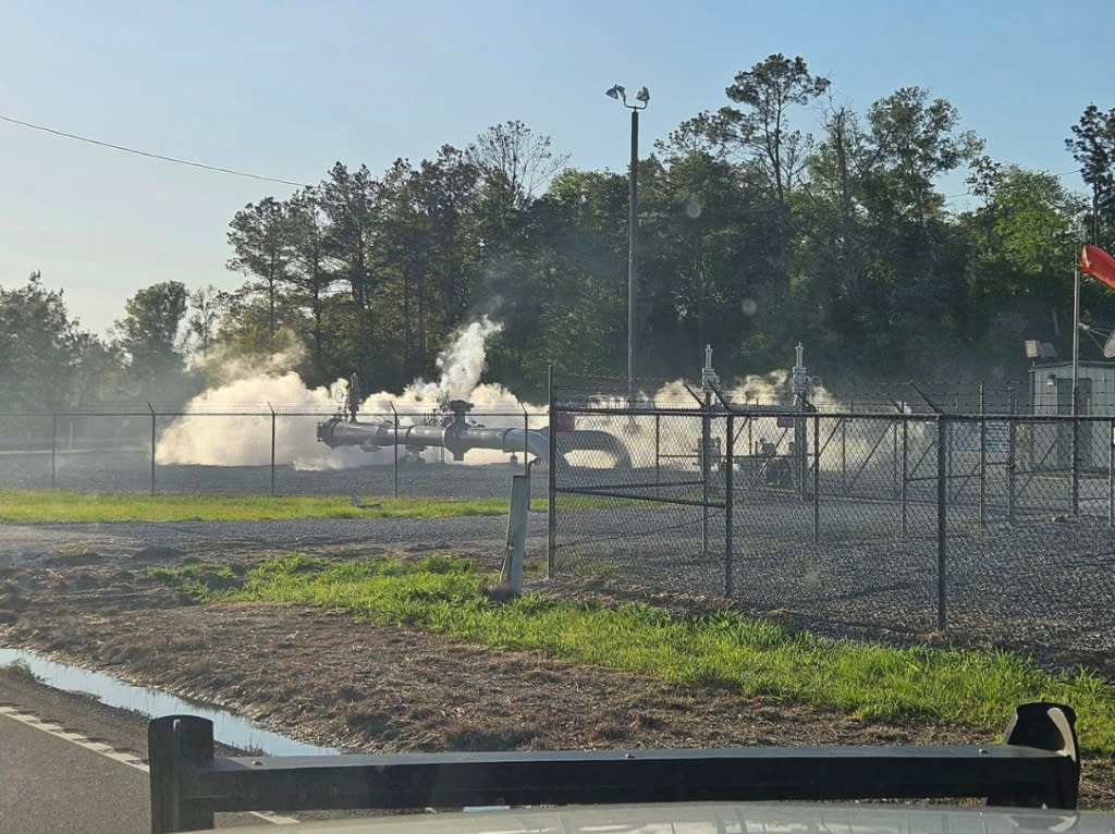 Clouds of water vapor and carbon dioxide gas escape from a CO2 pipeline near Sulphur in southwest Louisiana on April 3, 2024.