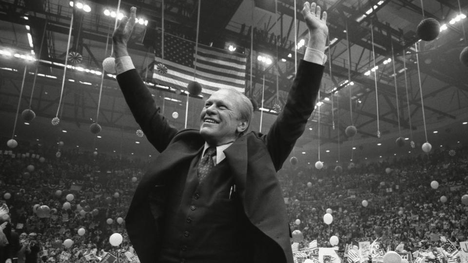 President Ford Acknowledges the cheers of the crowd in the Hempstead New York in the final days of his Presidential campaign.