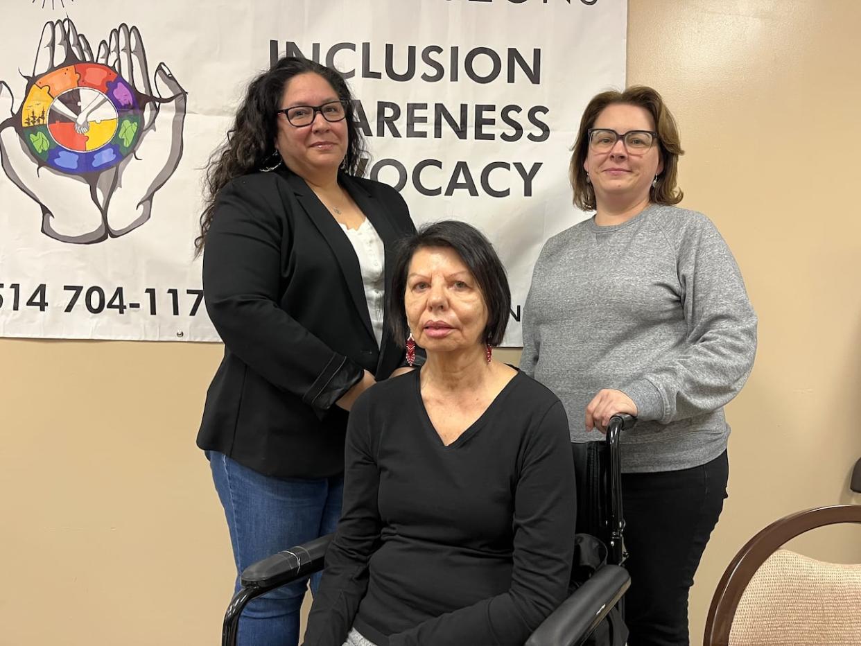 Iris Phillips (left) is the advocacy co-ordinator for Connecting Horizons, an advocacy group for individuals with disabilities, their families, and caregivers in Kahnawà:ke. Cathy Rice and Alana Atwin (right) sit on the advisory board for the group. (Ka’nhehsí:io Deer/CBC - image credit)