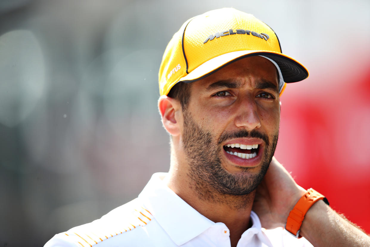 SPIELBERG, AUSTRIA - JUNE 24: Daniel Ricciardo of Australia and McLaren F1 talks to the media in the Paddock during previews ahead of the F1 Grand Prix of Styria at Red Bull Ring on June 24, 2021 in Spielberg, Austria. (Photo by Mark Thompson/Getty Images)