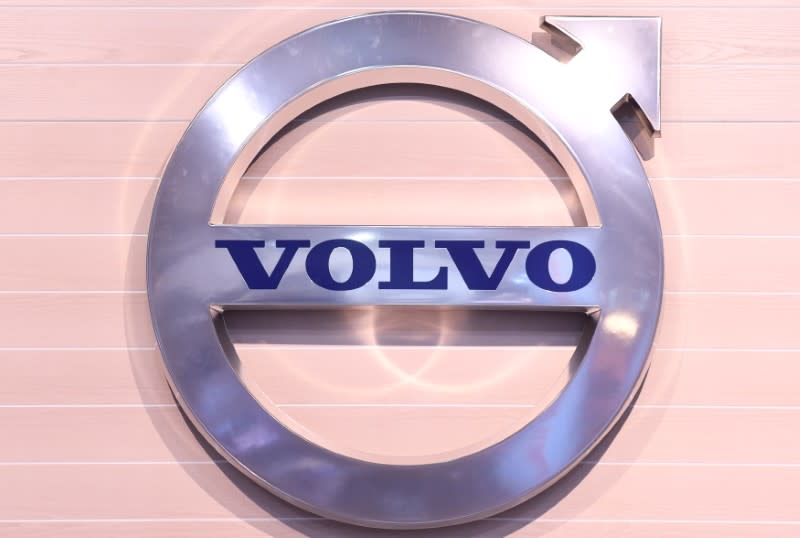 FILE PHOTO: The logo of Swedish truck maker Volvo is pictured at the IAA truck show in Hanover, September 22, 2016. REUTERS/Fabian Bimmer