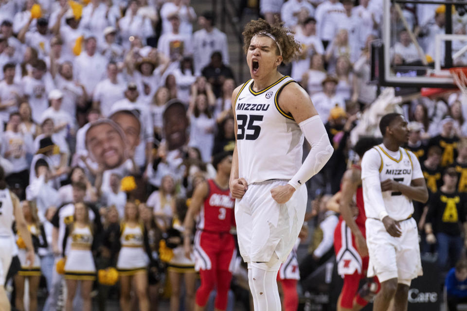 Missouri's Noah Carter celebrates a basket during the second half of an NCAA college basketball game against Mississippi Saturday, March 4, 2023, in Columbia, Mo. Missouri won 82-77. (AP Photo/L.G. Patterson)