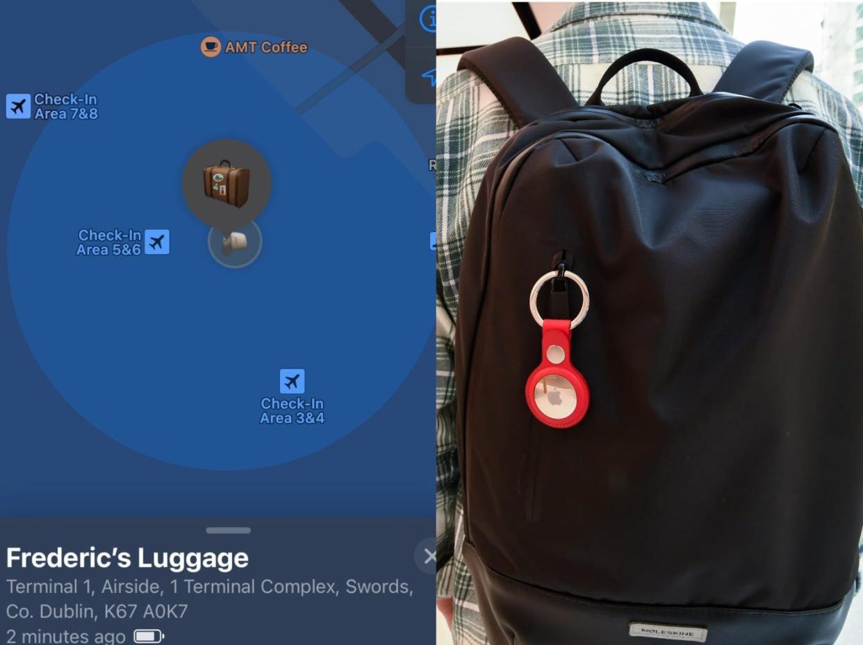 Left, a picture of Air Canada passenger Frédéric Harper's AirTag data. Right, an AirTag attached to a backpack.