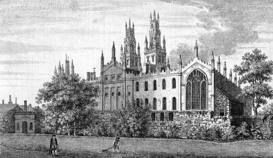 An illustration of a building at Oxford University from the 1920s