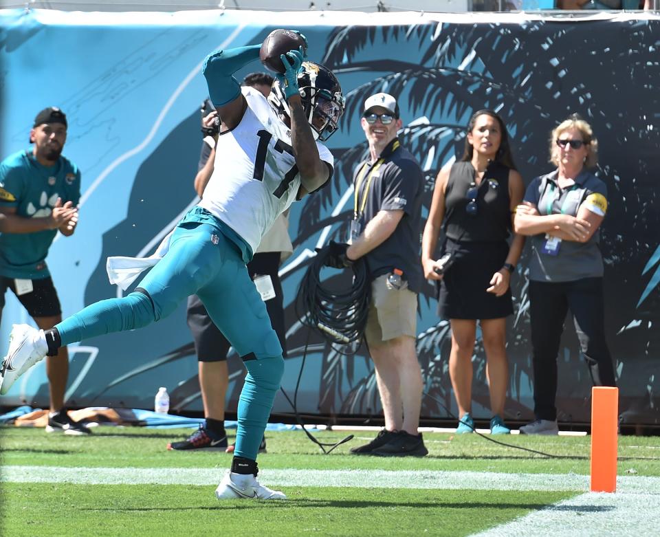 Jacksonville Jaguars wide receiver D.J. Chark (17) pulls in a pass in the end zone for a late second quarter touchdown. The Jacksonville Jaguars hosted the Arizona Cardinals at TIAA Bank Field in Jacksonville, FL Sunday, September 26, 2021. The Jaguars went into the half with a 13 to 7 lead. [Bob Self/Florida Times-Union]