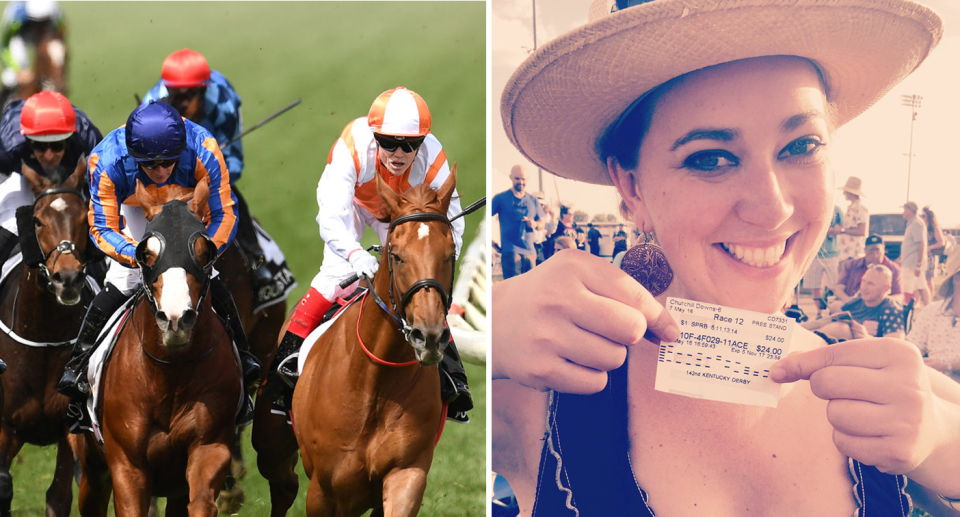 A composite image showing horses in a race and a woman holding a betting ticket. (Source: Getty/Twitter)