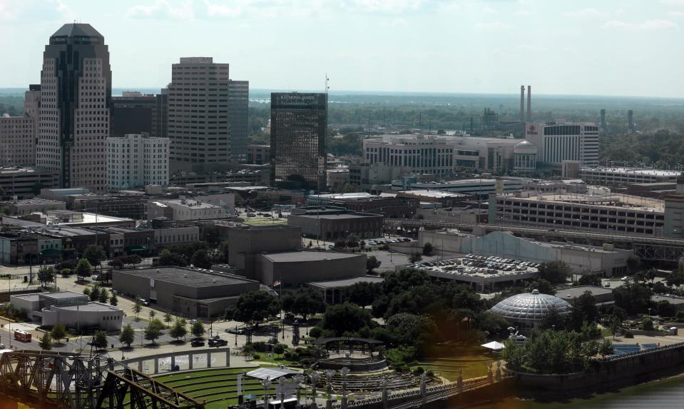 Shreveport skyline with a view of the Barnwell Center and riverfront from Horseshoe Hotel and Casino in Bossier City.