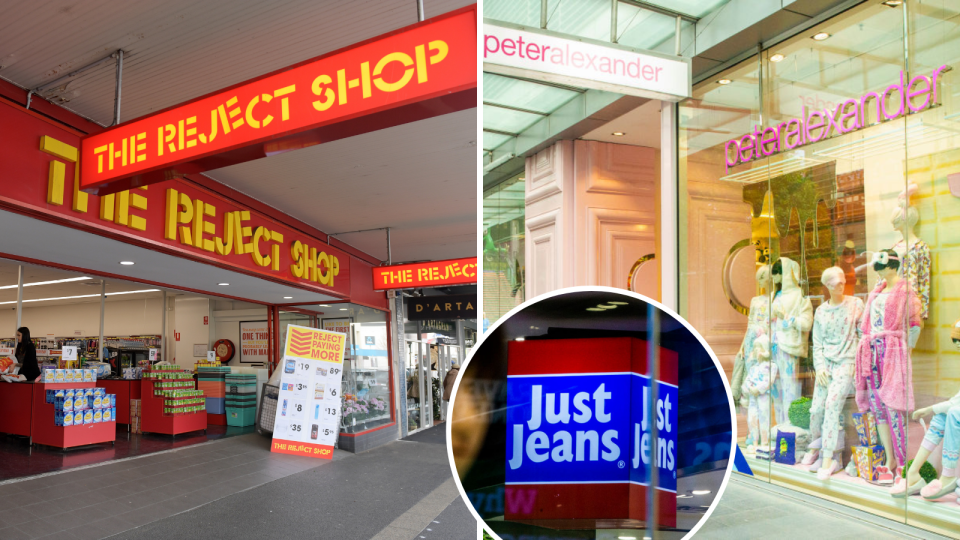 Image of The Reject Shop, Peter Alexander storefronts, Just Jeans sign