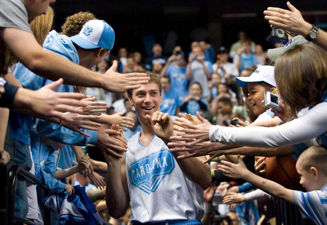 UNC’s Tyler Hansbrough (50) walks through a sea of fans as he enters the court for practice on Wednesday March 18, 2009 in the Greensboro Coliseum. The Tar Heels will face Radford tomorrow in the opening round of the NCAA Tournament.