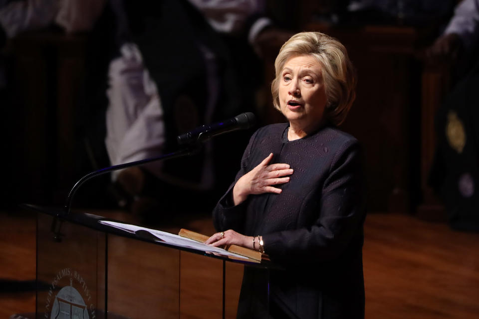 Former Secretary of State Hillary Clinton speaks during the funeral service for Rep. Elijah Cummings, D-Md., in Baltimore on Friday. (Chip Somodevilla/Getty Images)