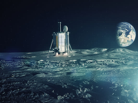 Artist's concept of the robotic Lunar Mission One touching down at the moon's south pole in 2024.