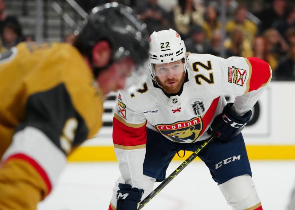 Jun 3, 2023; Las Vegas, Nevada, USA; Florida Panthers center Zac Dalpe (22) waits for a face off against the Vegas Golden Knights during the first period in game one of the 2023 Stanley Cup Final at T-Mobile Arena. Mandatory Credit: Stephen R. Sylvanie-USA TODAY Sports