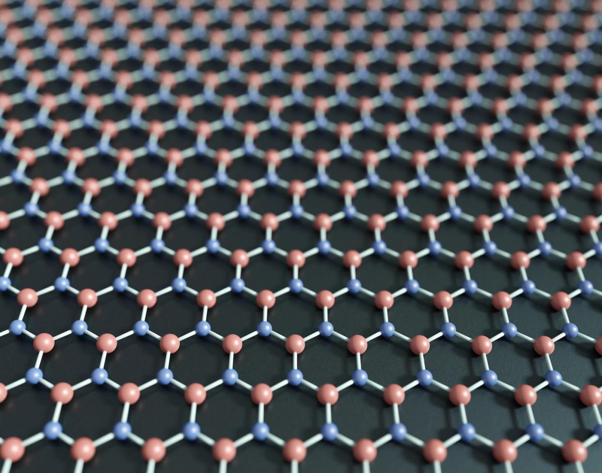 Hexagonal boron nitride, also known as 'white graphene.' <a href="https://www.gettyimages.com/detail/photo/boron-nitride-monolayer-illustration-royalty-free-image/1161024204?phrase=boron+nitride&adppopup=true" rel="nofollow noopener" target="_blank" data-ylk="slk:Robert Brook/Science Photo Library via Getty Images;elm:context_link;itc:0;sec:content-canvas" class="link ">Robert Brook/Science Photo Library via Getty Images</a>