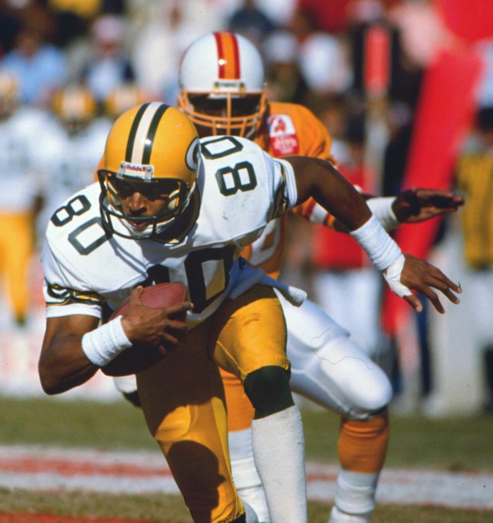 James Lofton ended his nine seasons with the Packers with 530 catches for 9,656 receiving yards, which were franchise records at the time.