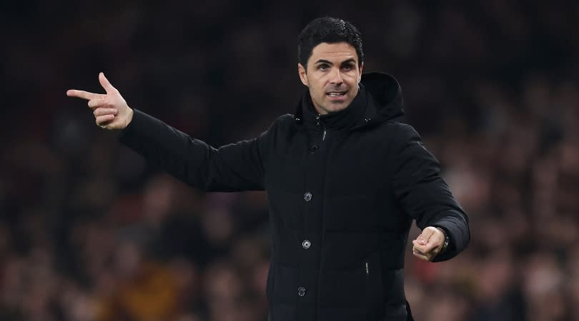   Arsenal manager Mikel Arteta gestures during the Gunners'  3-3 draw at home to Southampton in the Premier League in April 2023. 