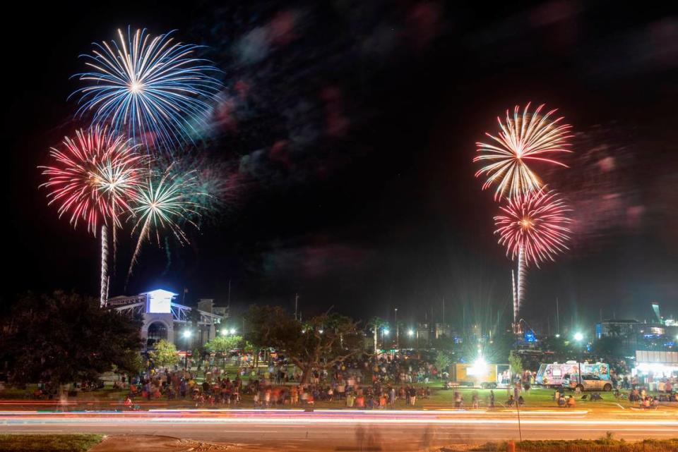 Fireworks explode over Jones Park in Gulfport during the Sea of Stars drone show on Friday, Oct. 1, 2021.