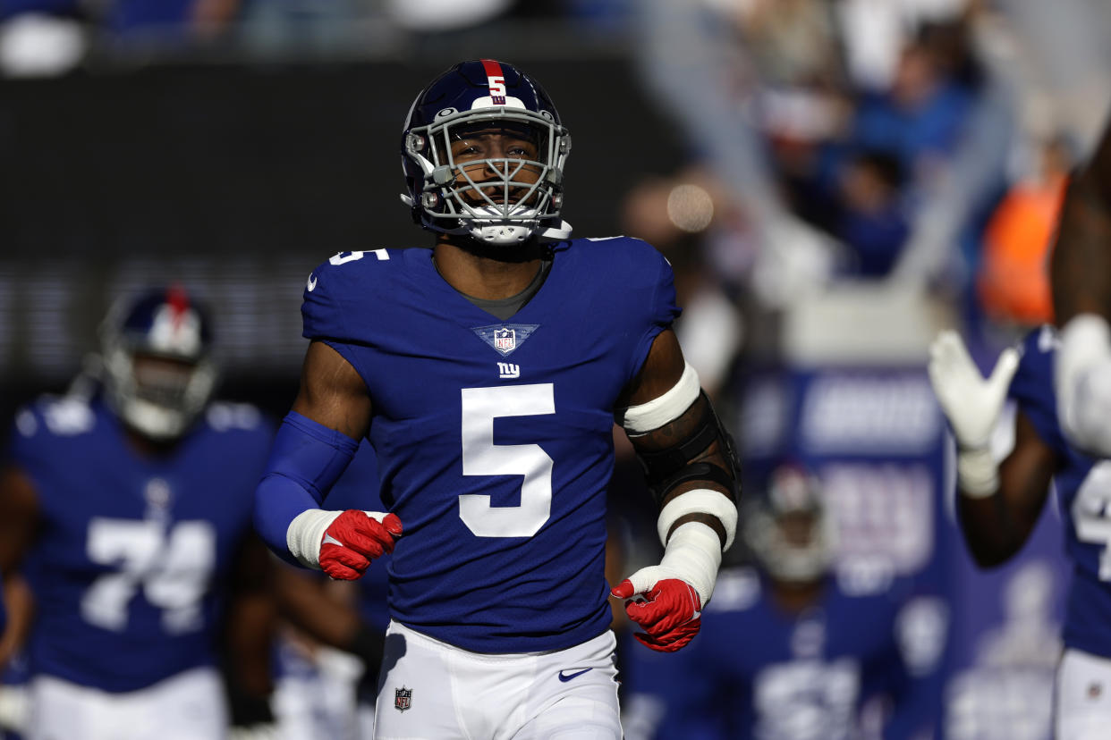 New York Giants defensive end Kayvon Thibodeaux (5) was criticized for celebrating next to injured Colts quarterback Nick Foles in last week's game. (AP Photo/Adam Hunger)