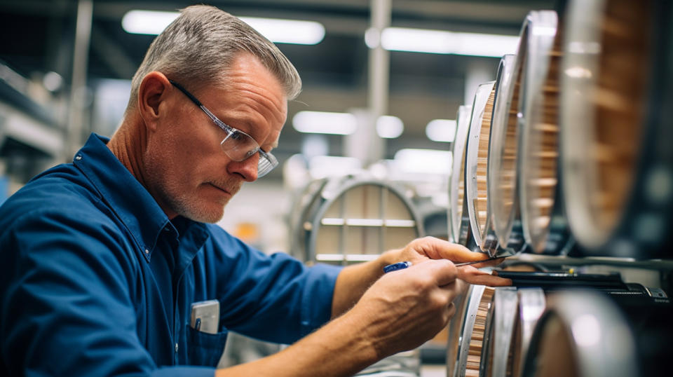 An experienced technician inspecting a diesel particulate air filter in a clean technology factory.