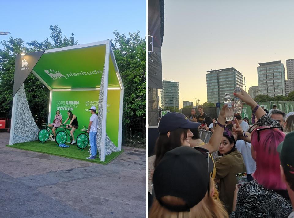 A self-generated phone charging station and an attendee distributing water given by staff.