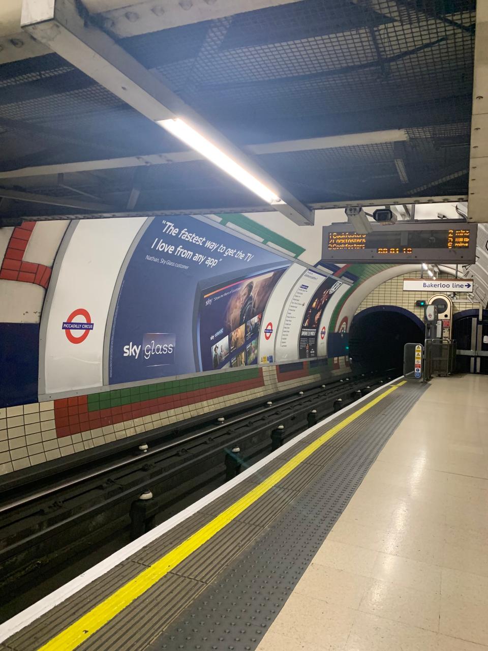 One of the platforms at Piccadilly Circus station, London.