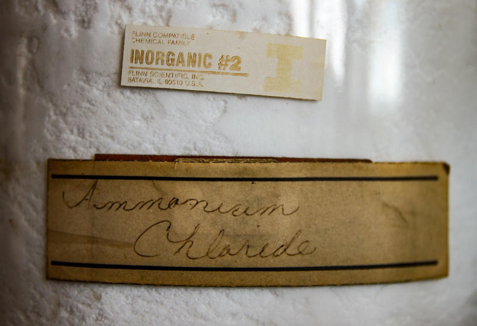 <p>Neat but fading handwriting on a chemical bottle. (Photo: Leland Kent/Caters News) </p>