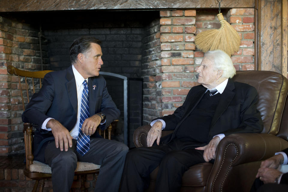 Republican presidential candidate, former Massachusetts Gov. Mitt Romney meets with Rev. Billy Graham, Thursday, Oct. 11, 2012, in Montreat, N.C. (AP Photo/ Evan Vucci)