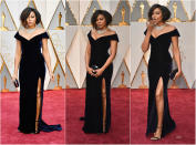 <p>The “Hidden Figures” star strutted the red carpet in Jimmy Choos, Nirav Modi jewelery and a high-slit custom Alberta Ferretti dark blue velvet number. With her choppy, ombréd tousled lob, Taraji proved she could do no wrong! <strong>Grade: B+</strong> </p>