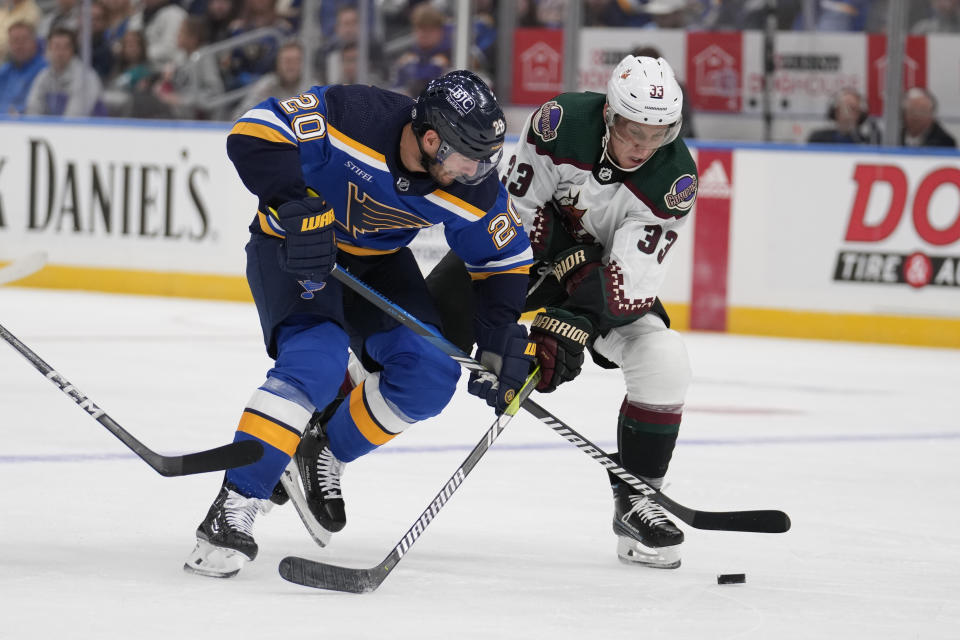 St. Louis Blues' Brandon Saad (20) and Arizona Coyotes' Travis Dermott (33) battle for a loose puck during the second period of an NHL hockey game Thursday, Oct. 19, 2023, in St. Louis. (AP Photo/Jeff Roberson)