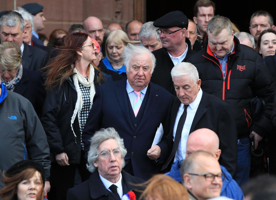 Jimmy Tarbuck (centre) after the funeral service of Sir Ken Dodd at Liverpool Anglican Cathedral.