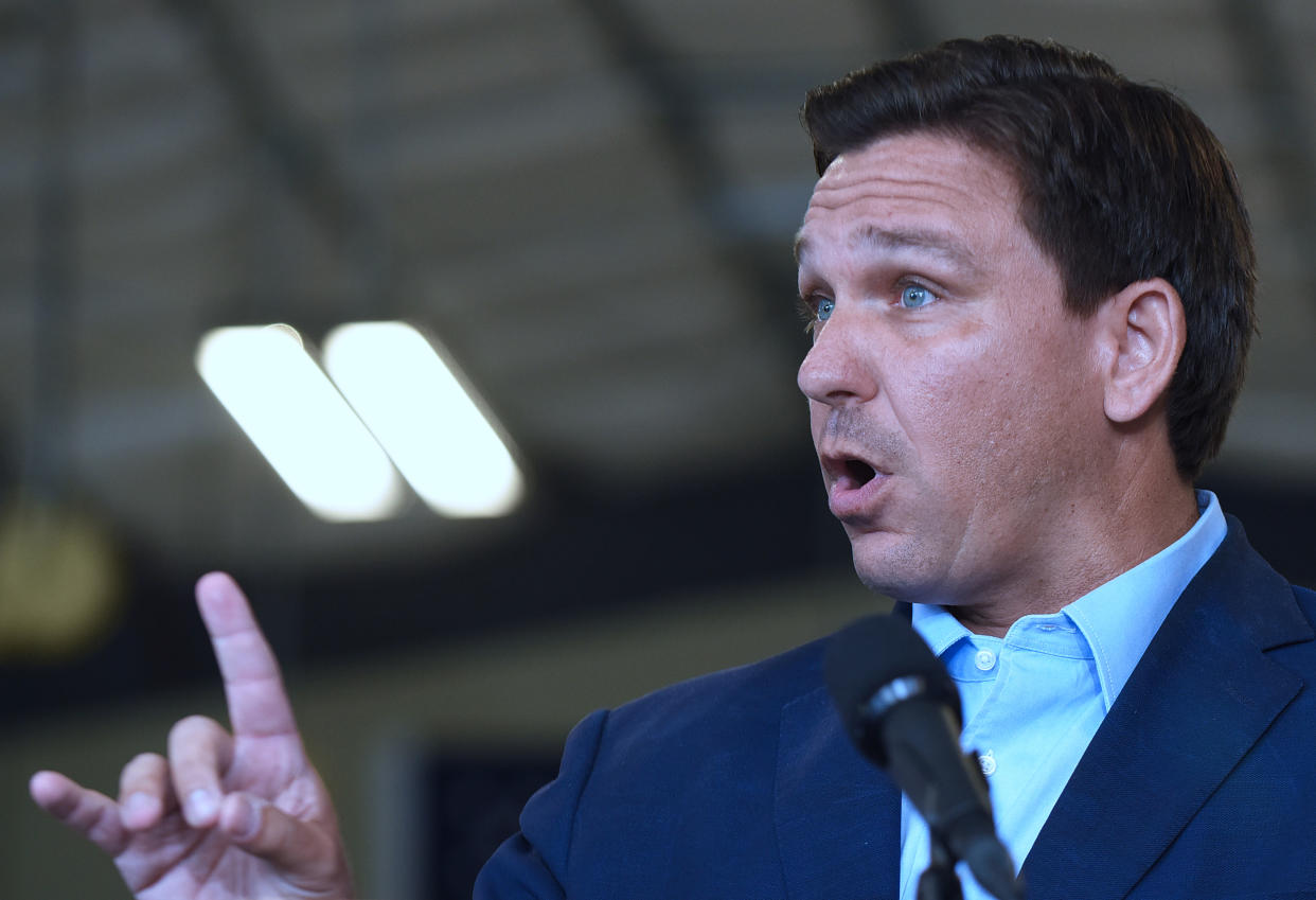 MELBOURNE, FLORIDA, UNITED STATES - 2021/03/22: Florida Governor, Ron DeSantis responds to a question from the media at a press conference at the Eau Gallie High School aviation hangar.
DeSantis announced he is asking the legislature for $75 million of federal funds to support what hes dubbed the Get There Faster initiative, aimed at boosting access to technical education programs for both high school students and adult learners. (Photo by Paul Hennessy/SOPA Images/LightRocket via Getty Images)