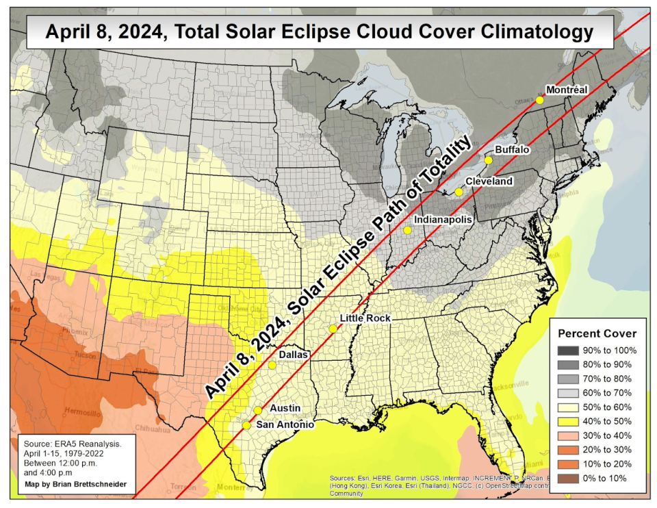 Cloud cover prediction for April 8, 2024 solar eclipse.