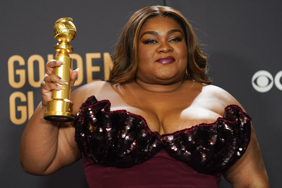 Da'Vine Joy Randolph poses in the press room with the award for best performance by an actress in a supporting role in any motion picture for "The Holdovers" at the 81st Golden Globe Awards on Sunday, Jan. 7, 2024, at the Beverly Hilton in Beverly Hills, Calif. (AP Photo/Chris Pizzello)