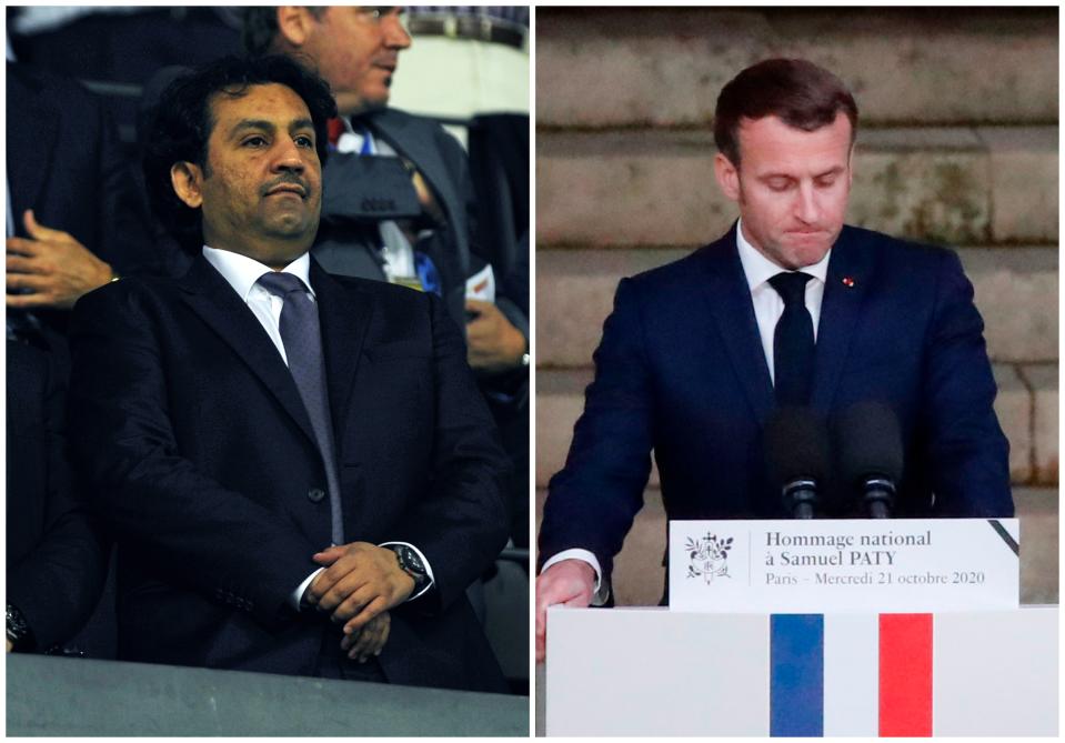 Abdullah ben Nasser Al-Thani, máximo accionista del Málaga, y Emmanuel Macron, presidente de Francia. (Foto: Jorge Guerrero / AFP / Getty Images / Francois Mori / Pool / AFP / Getty Images). 