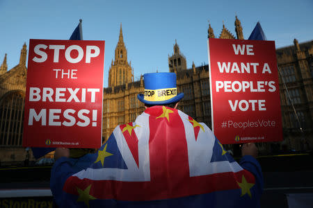 An anti-Brexit demonstrator hold placards opposite the Houses of Parliament, in London, Britain, November 13, 2018. REUTERS/Simon Dawson