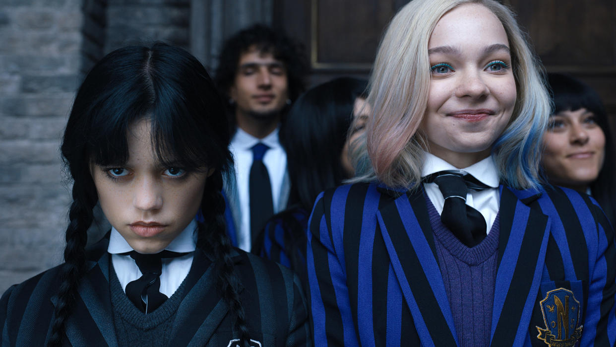  (L to R) Jenna Ortega as Wednesday Addams, Emma Myers as Enid Sinclair in episode 102 of Wednesday. 