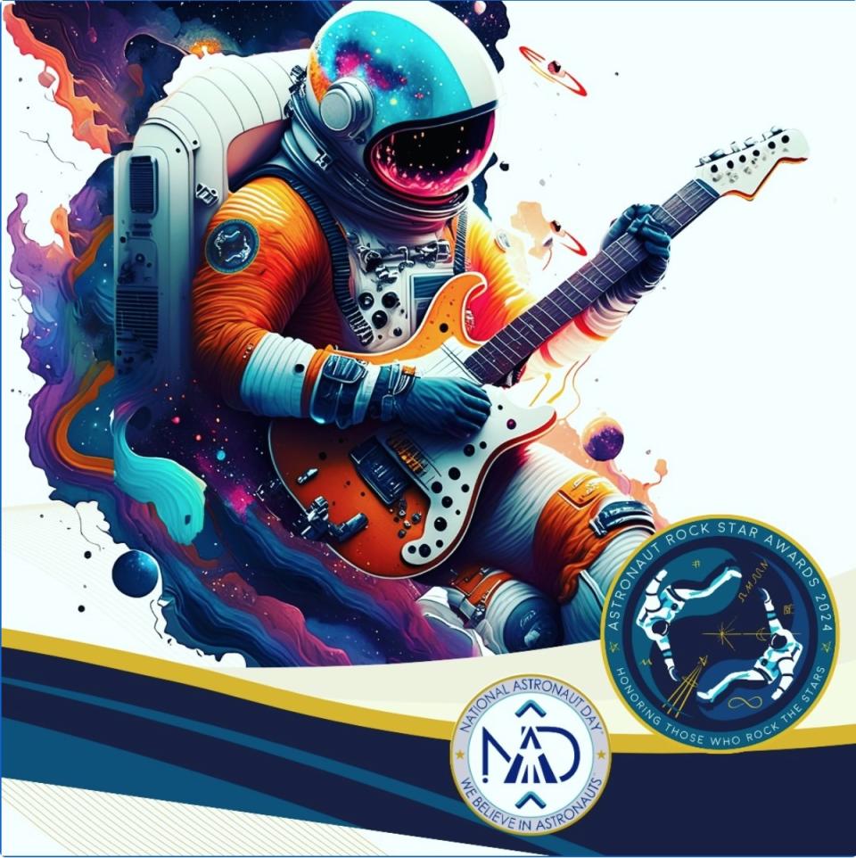 Bunter Astronaut spielt E-Gitarre