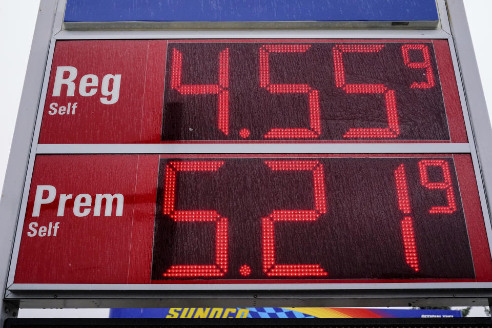 Gas prices are displayed at a Sunoco filling station in Warminster, Pa., Wednesday, March 9, 2022. (AP Photo/Matt Rourke)