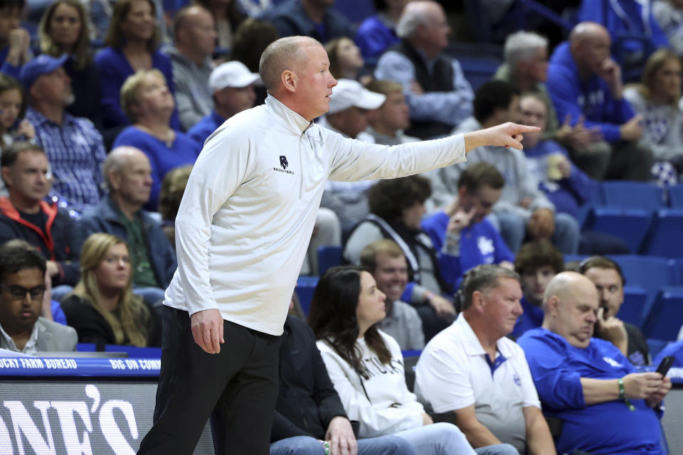 Texas A&M-Commerce coach Jaret von Rosenberg directs the team during the first half of an NCAA college basketball game against Kentucky in Lexington, Ky., Friday, Nov. 10, 2023. (AP Photo/James Crisp)