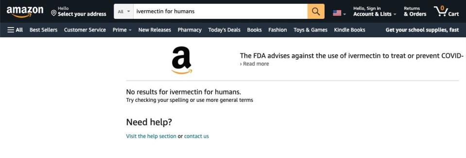When Amazon users search "ivermectin for humans," they are now met with a warning against using the drug for COVID-19.