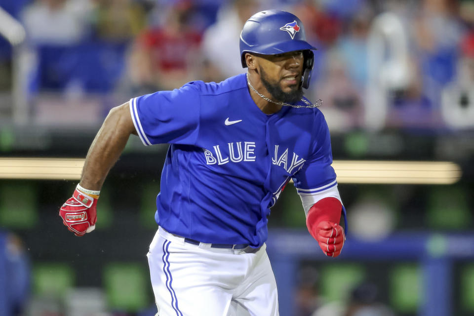 Toronto Blue Jays' Teoscar Hernandez grounds into a force-out during the fourth inning of a baseball game against the Atlanta Braves, Friday, April 30, 2021, in Dunedin, Fla. (AP Photo/Mike Carlson)