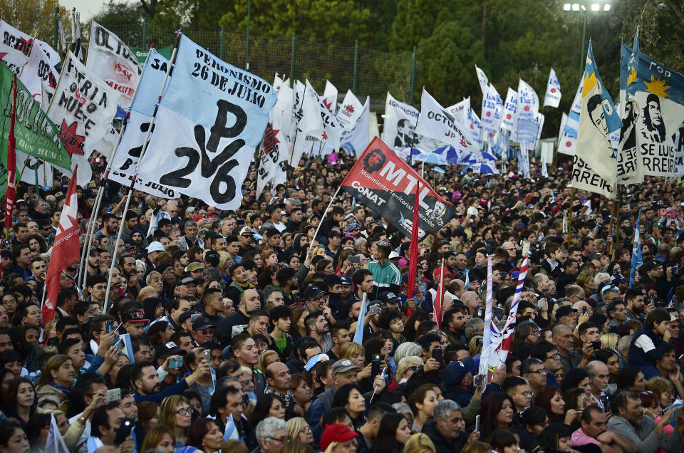 Supporters of presidential candidate Alberto Fernandez and his running-mate, former President Cristina Fernandez, no relation, attend a campaign rally in Buenos Aires, Argentina, Saturday, May 25, 2019. After her surprise announcement last week that she will run for vice president in October’s general elections, Cristina Fernandez along with her running mate presidential candidate contender Alberto Fernandez, kicked off their campaign with a political rally on the outskirts of Buenos Aires on Saturday. (AP Photo/Gustavo Garello)